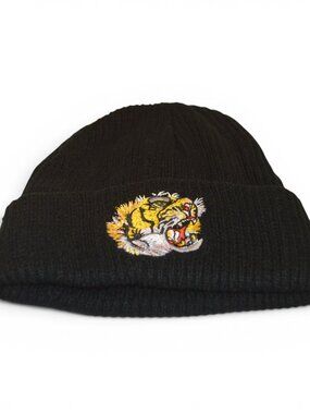 Vintage Tiger Embroidered Black Knit Beanie Skull Cap One Size New